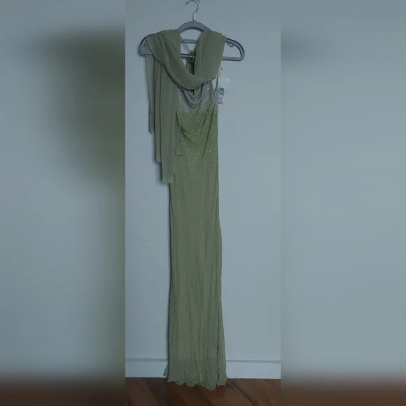Sue Wong Beaded Celery Color Evening Gown 100% Silk Size 2 w/ Sill Scarf - Picture 2 of 8